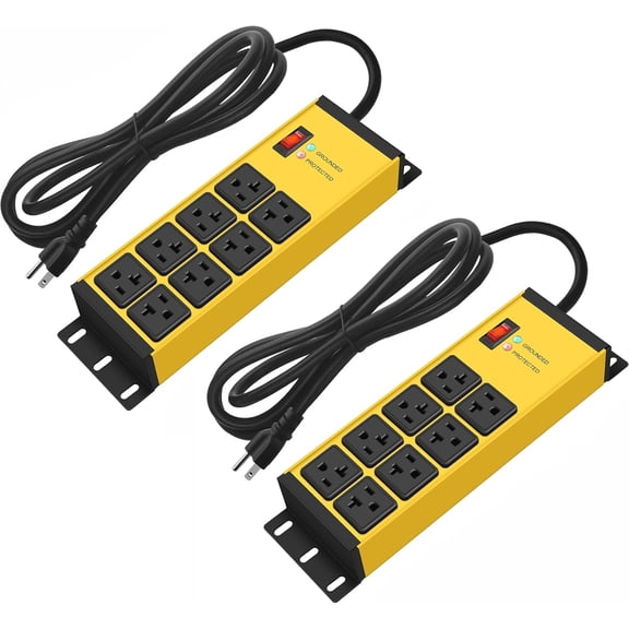 2 count  Power Strip Surge Protector 20 AMP, 8 Outlets 12 Gauge Shop Garage  Multiple Outlets, 15 FT Extension Cord 5-15P  High Amp 6-20R T-Slot 20a for Appliance Yellow.