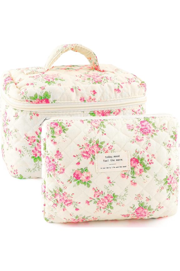 2 count Quilted Makeup Bag for Women Small Travel Bag Set Cute Floral Print Makeup Pouch Portable Toiletry Bag Organizer Puffy Travel Essential