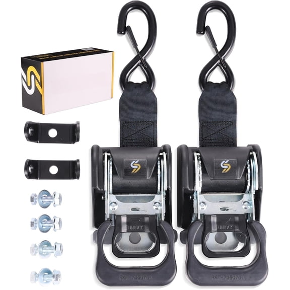 2 count Retractable Ratchet Straps (1 7/8 in x 4 ft) Transom Tie Downs for Boat, PWC Trailer - Extra Mounting Brackets & Bolt Set,Safety Latch S-Hook,Break Strength 2,600LBS/1,180KG