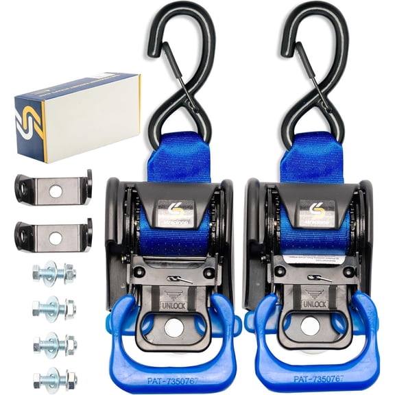2 count Retractable Ratchet Straps (1 7/8 in x 4 ft) Transom Tie Downs for Boat, PWC Trailer - Extra Mounting Brackets & Bolt Set,Safety Latch S-Hook,Break Strength 2,600LBS/1,180KG