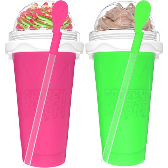 2 count Slushie Maker Cup, Quick Frozen Magic Cups for Homemade Milk Shake Ice Maker, Double Layer Squeeze Slushy Maker Cup, Birthday Gifts for ,,Family (+, 350ML)