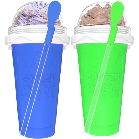 2 count Slushie Maker Cup, Quick Frozen Magic Cups for Homemade Milk Shake Ice Maker, Double Layer Squeeze Slushy Maker Cup, Birthday Gifts for ,,Family (Blue+, 350ML)