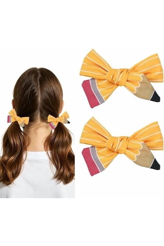 2 count Small Pencil Hair Bows Clips Yellow Striped Fabric Barrettes 3.74" x 2.75" Cute to School Hair Accessories for Women