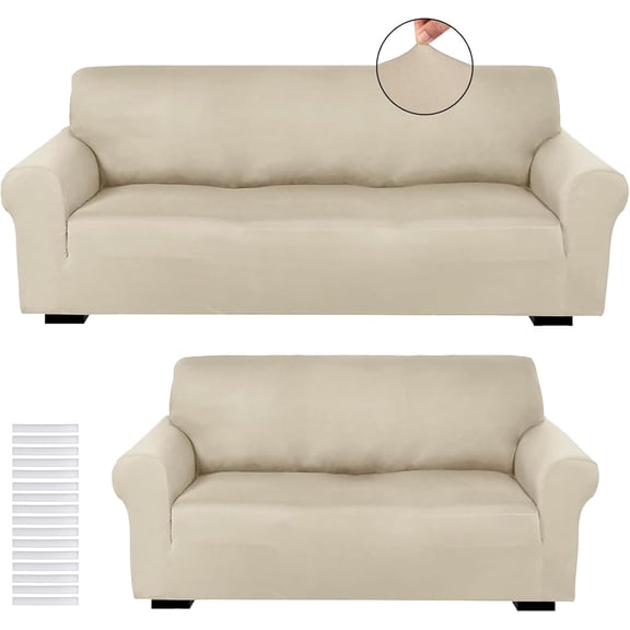 2 count Sofa Covers Loveseat Couches Covers for Room Slipcover Set Furniture Protector for Couch Arm Chair, Form Fit Stretch, Wrinkle Proof(Beige,Milk Silk)