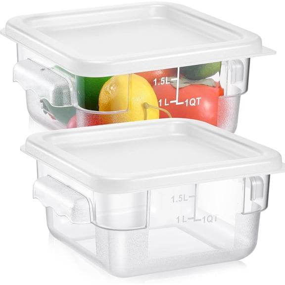 2 count Square  Storage Containers Polycarbonate Clear  Container with Lid Commercial Storage with Graduations for Commercial Kitchen Dough Marinating Meat(White,2 Qt)