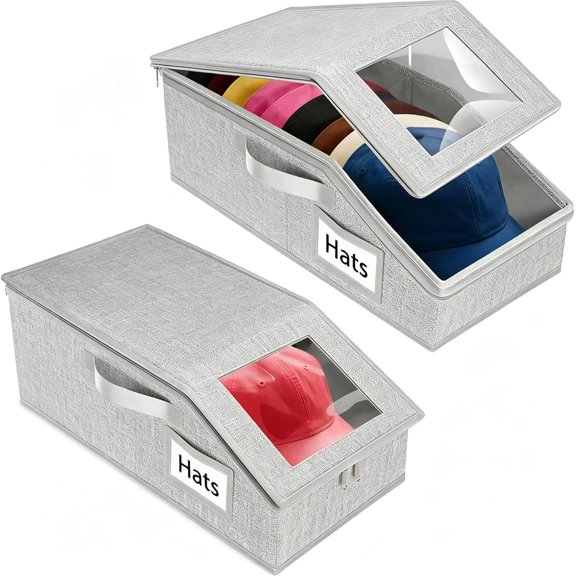 2 count Stackable Baseball Cap Storage Boxes, Foldable Hat Storage Box,Transparent Window, Holds up to 30 Caps with Cardboard Rack, Storage Rack for Men's & Women's (Grey)