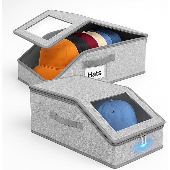 2 count Stackable Hat Storage for Baseball Caps, Holds up to 24 Caps Hat Storage Boxes for Closet with Cardboard, Space-Saving Fabric Hat Organizer for Baseball Hats & Caps(Grey)