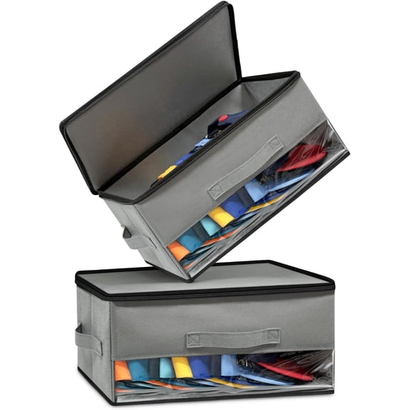 2 count Stackable Hat Storage for Baseball Caps, Space Saving Hat Organizer Box for Closet, with Cardboard, Clear Window Lid and 3 Handle, Each Holds 12 Hats, Grey