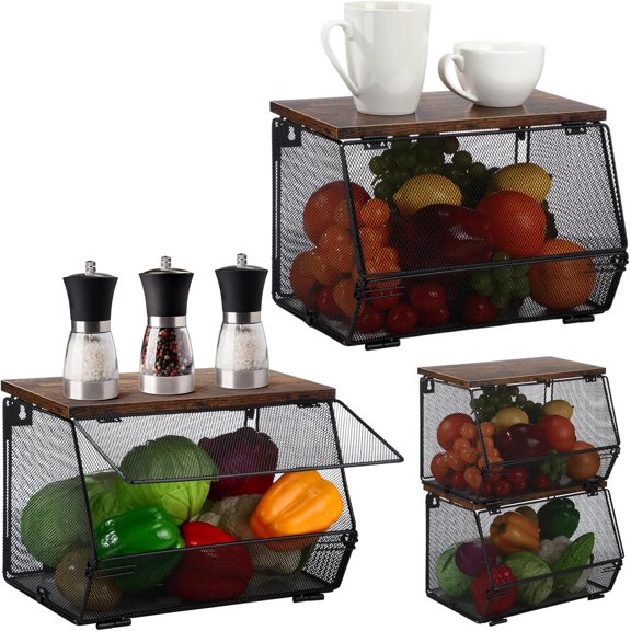 2 count Stackable Mesh Fruit Basket with Lid Wall Produce Vegetable Storage Basket Onion Metal Wire Container for Kitchen Counter Pantry(Non-removable,Black,7.1"w & 11.8"l)