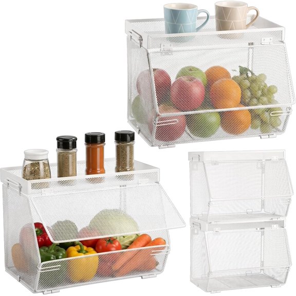2 count Stackable Mesh Fruit Basket with Lid Wall Produce Vegetable Storage Basket Onion Metal Wire Container for Kitchen Counter Pantry (Removable,White,7.1"w & 11.8"l)
