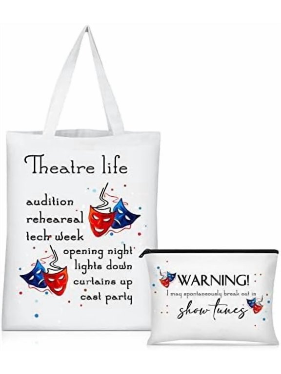 2 count Theater Musical Theater Life Show Canvas Tote Bag Comedy Tragedy Mask Makeup Bag Pouch Drama for Women Actress Teacher