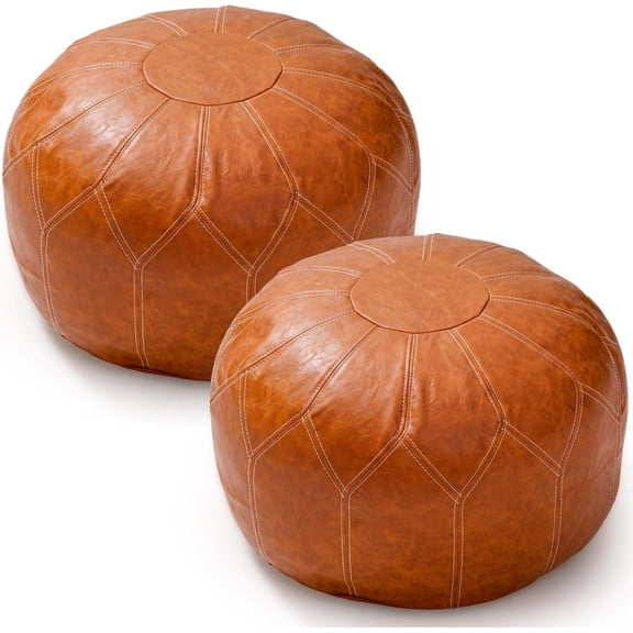 2 count Unstuffed Moroccan Faux Leather Pouf Ottoman with Storage Round Boho Floor Pouf Foot Stool Decorative Ottoman Cushion for Living Room Bedroom Patio (Moroccan,Brown)