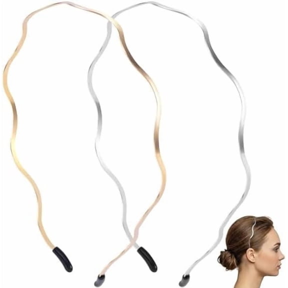 2 count Wavy Headbands for Women, 2 Colors Metal Non-Slip Thin Headbands, Comfort Skinny Hairbands Classic Hair Accessories for Daily, Party - ,