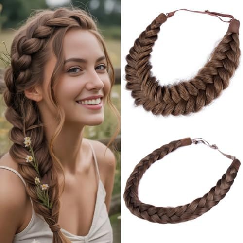 2 count Wide Fishtail Synthetic Hair Braided Elastic Stretch Hairpiece for Woman (Chestnut)