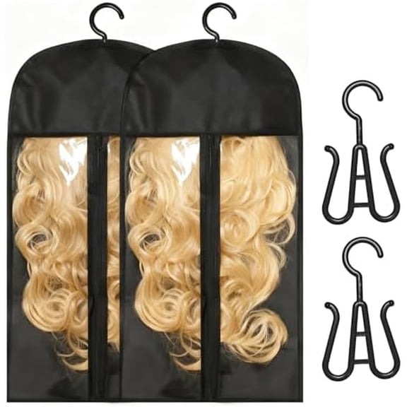 2 count Wig Bags Storage With Hanger, Hair Extension Holder Bag, Wig Accessories for Travel (Black 23.6 x 11.4 in)