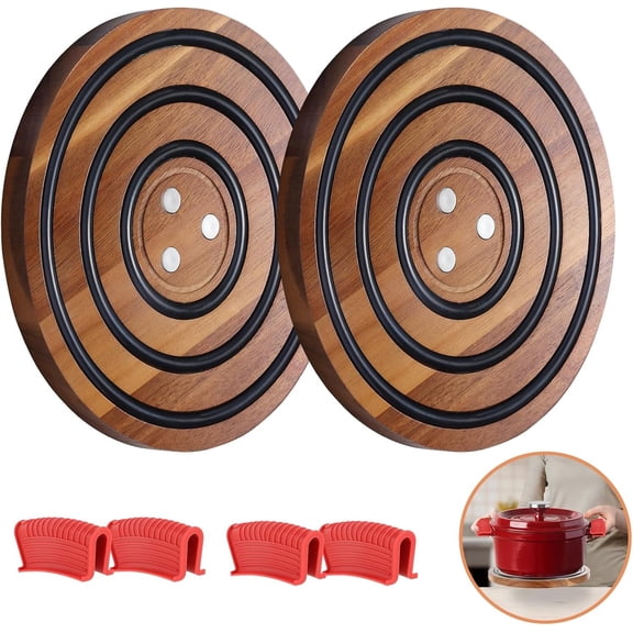 2 count Wooden Trivets, Acacia with Black Rings, Pot Holder for Le Creuset Enameled Cast Iron Dutch Oven & Cast Iron Skillets, Trivet