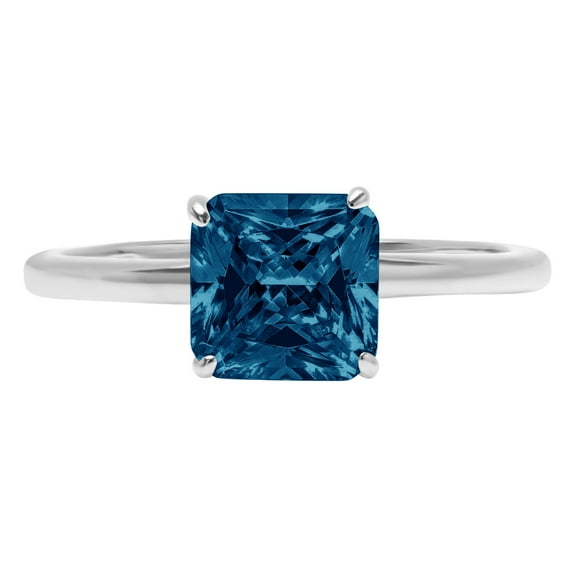 2 ct Asscher Cut Natural London Blue Topaz Solitaire 18K White Gold Womens Engagement Ring