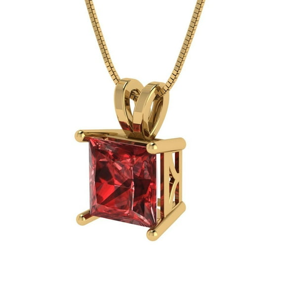 2 ct Brilliant Princess Cut Solitaire Natural Garnet 14k Yellow Solid Gold Everyday Affordable Designer Necklace Pendant with 16" Chain
