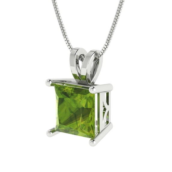 2 ct Brilliant Princess Cut Solitaire Natural Peridot 14k White Solid Gold Everyday Affordable Designer Necklace Pendant with 16" Chain