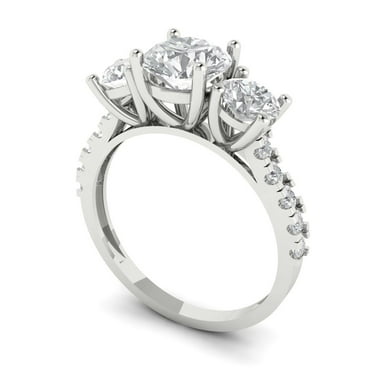2 ct Brilliant Round Cut VVS1 Clear Zircon 18K White Solid Gold Solitaire with Accents Three-Stone Wedding Bridal Anniversary Engagement Ring size 10