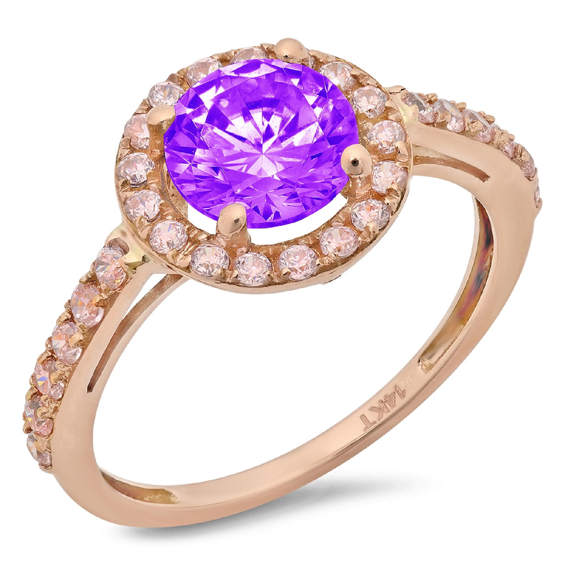 2 ct Brilliant Round Cut Natural Amethyst 14k Rose Gold Halo Solitaire ...