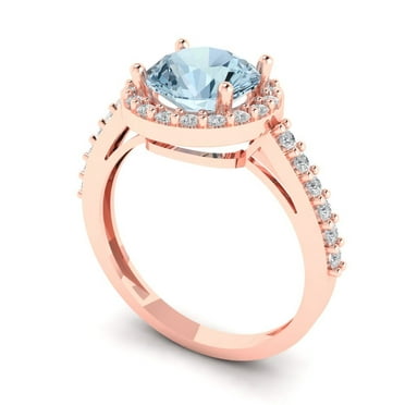 2 ct Brilliant Round Cut VVS1 Natural Aquamarine 14k Rose Solid Gold Halo Solitaire with Accents Wedding Bridal Anniversary Engagement Ring size 9.25