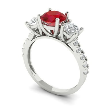 2 ct Brilliant Round Cut VVS1 Ruby 14k White Solid Gold Solitaire with Accents Three-Stone Wedding Bridal Anniversary Engagement Ring size 7.5