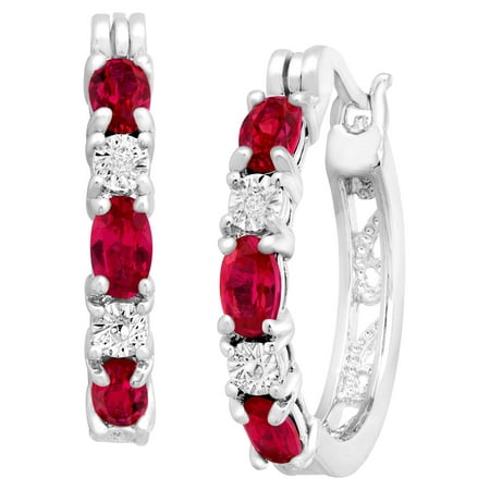 2 ct Created Ruby Hoop Earrings with Diamond Accents in Platinum-Plated Brass