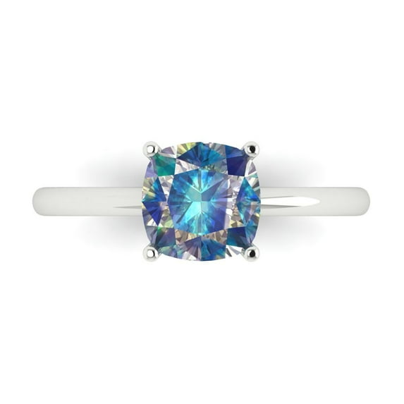 2 ctw Solitaire Anniversary Ring for Women | Cushion Cut Blue Moissanite | Hyperallergenic Solid 14K White Gold