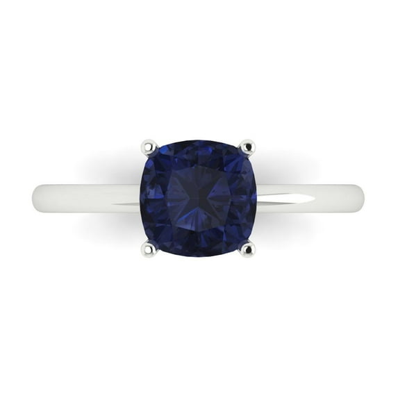 2 ctw Solitaire Anniversary Ring for Women | Cushion Cut Simulated Blue Sapphire | Hyperallergenic Solid 14K White Gold
