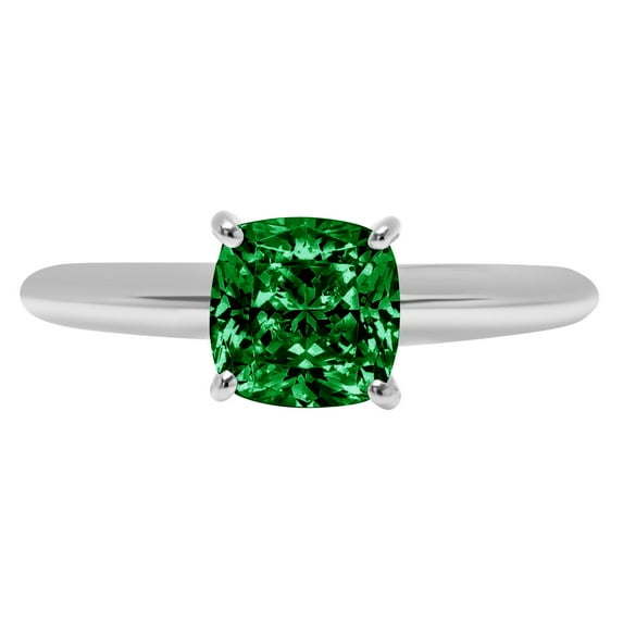 2 ct Cushion Cut Simulated Emerald Solitaire 18K White Gold Womens Engagement Ring