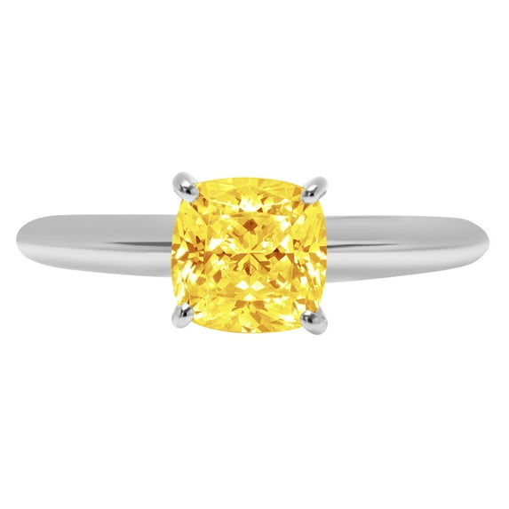 2 ct Cushion Cut Simulated Yellow Diamond Solitaire 18K White Gold Womens Engagement Ring