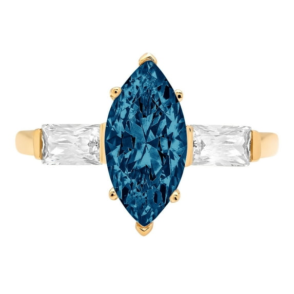2 ct Marquise Cut Natural London Blue Topaz 3 Stone 14K Yellow Gold Womens Engagement Ring