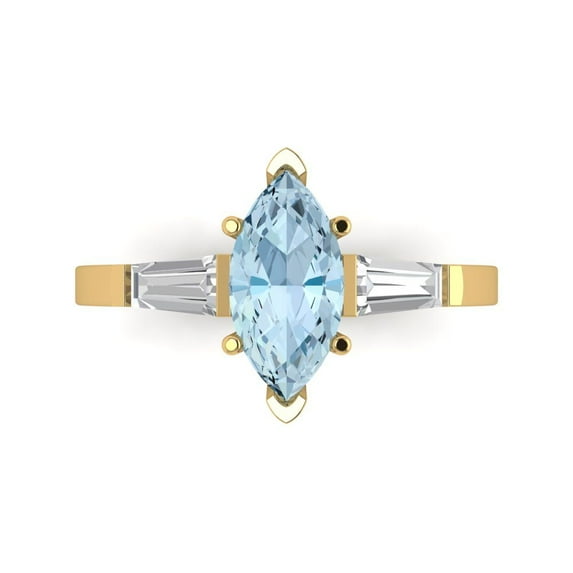 2 ct Marquise Cut Natural Swiss Blue Topaz 3 Stone 14K Yellow Gold Womens Engagement Ring