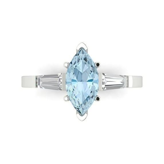 Clara Pucci 14K White Gold Solid Gold Blue Three-Stone Anniversary Ring for Women - 2 cttw Marquise Cut