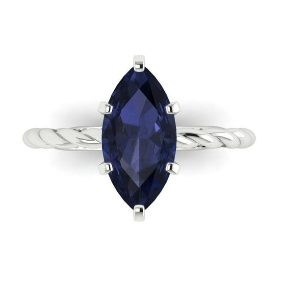 2 ctw Solitaire Anniversary Ring for Women | Marquise Cut Simulated Blue Sapphire | Hyperallergenic Solid 18K White Gold