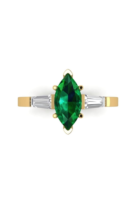 2 ctw 3 Stone Anniversary Ring for Women | Marquise Cut Simulated Emerald | Hyperallergenic Solid 14K Yellow Gold