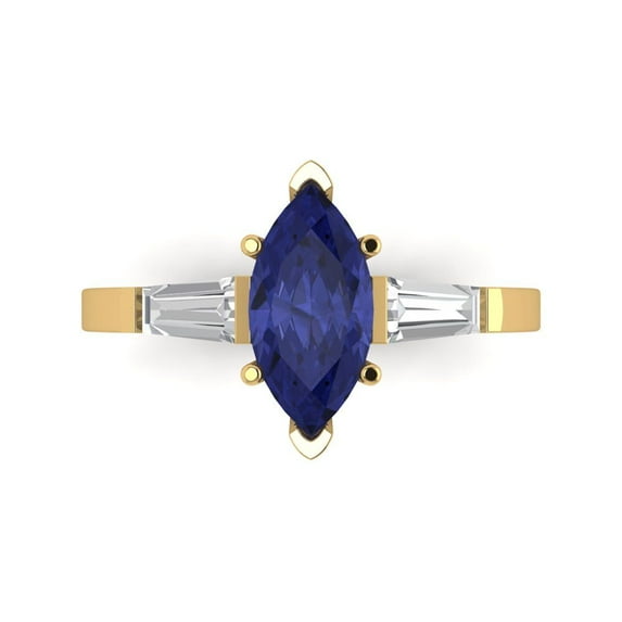 2 ctw 3 Stone Anniversary Ring for Women | Marquise Cut Simulated Tanzanite | Hyperallergenic Solid 18K Yellow Gold