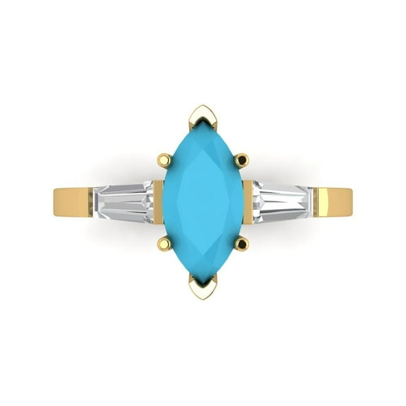 2 ctw 3 Stone Anniversary Ring for Women | Marquise Cut Simulated Turquoise | Hyperallergenic Solid 14K Yellow Gold