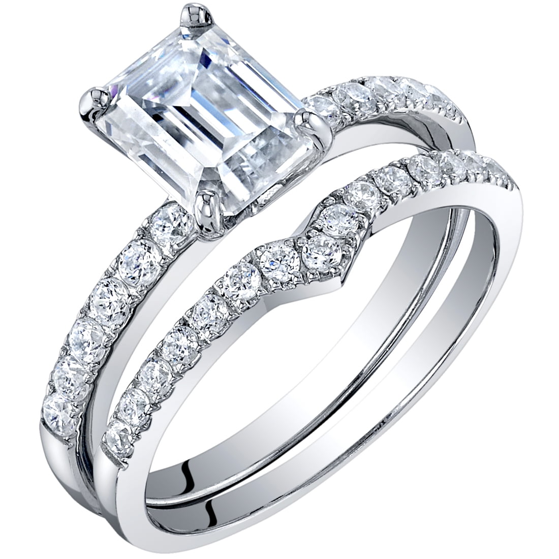 Bridal Ring Set, Emerald Cut Center Stone – Flawless Moissanite