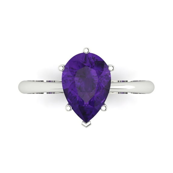 2 ctw Solitaire Anniversary Ring for Women | Pear Cut Natural Amethyst | Hyperallergenic Solid 18K White Gold