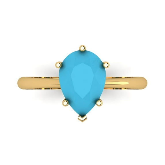2 ctw Solitaire Anniversary Ring for Women | Pear Cut Simulated Turquoise | Hyperallergenic Solid 18K Yellow Gold