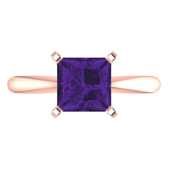 Clara Pucci 14K Rose Gold Solid Gold Amethyst Solitaire Anniversary Ring for Women - 2 cttw Princess Cut