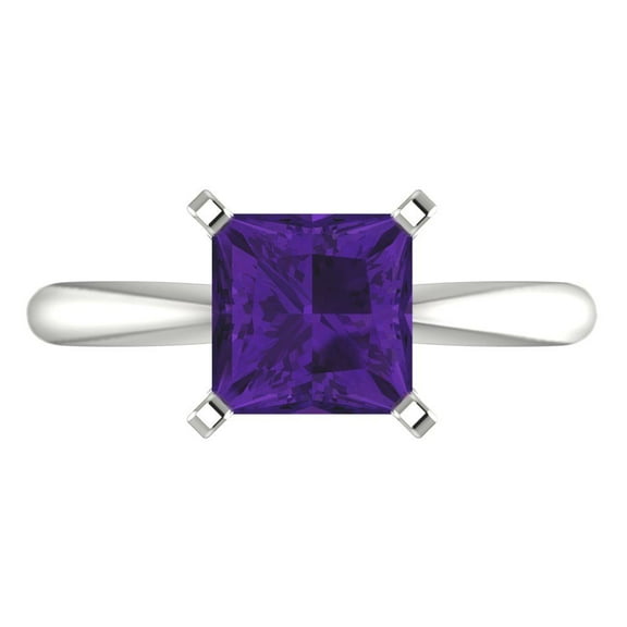 2 ctw Solitaire Anniversary Ring for Women | Princess Cut Natural Amethyst | Hyperallergenic Solid 18K White Gold