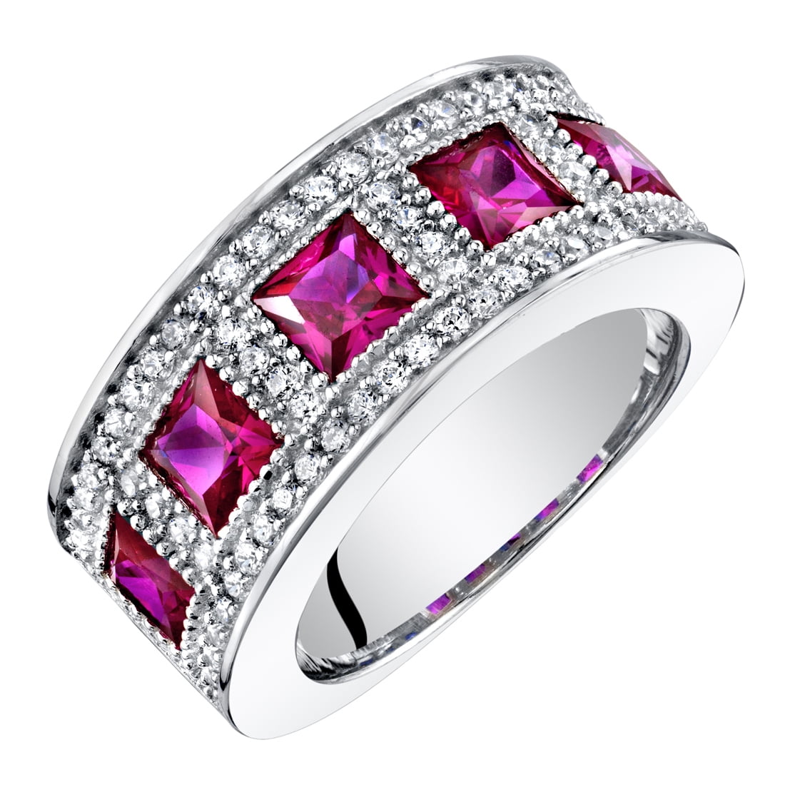 2 ct Princess Cut Red Created Ruby Channel Ring in Sterling Silver
