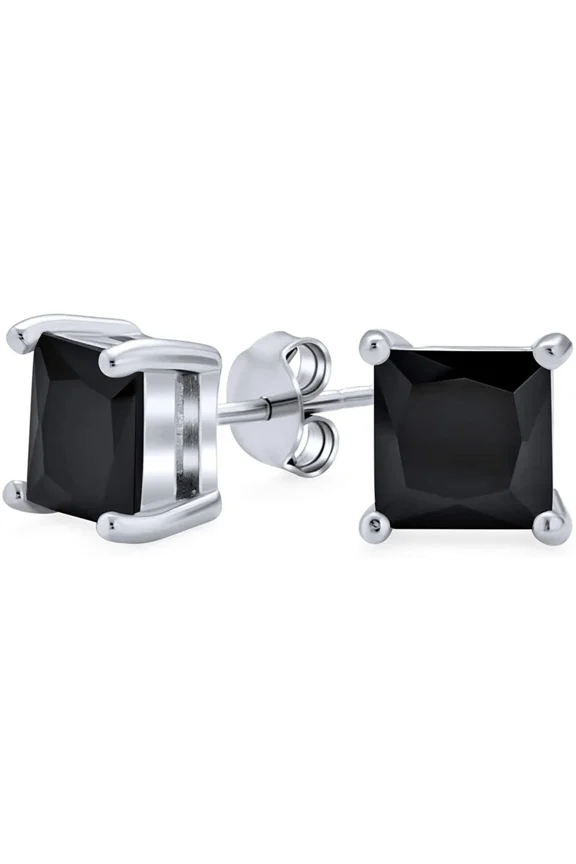 2 ct Princess Cut Simulated Black Onyx Cubic Zirconia Square 925 Sterling Silver Stud Earrings For Men & Women