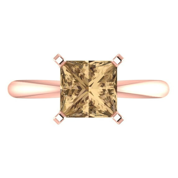 Clara Pucci 14K Rose Gold Solid Gold Champagne Solitaire Anniversary Ring for Women - 2 cttw Princess Cut