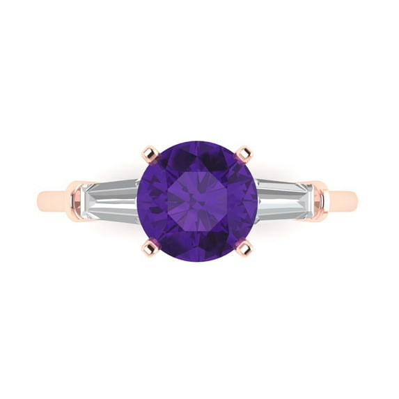 Clara Pucci 14K Rose Gold Solid Gold Amethyst Three-Stone Anniversary Ring for Women - 2 cttw Round Cut