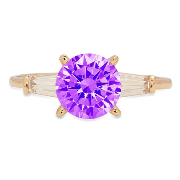 2 ct Round Cut Natural Amethyst 3 Stone 18K Yellow Gold Womens Engagement Ring