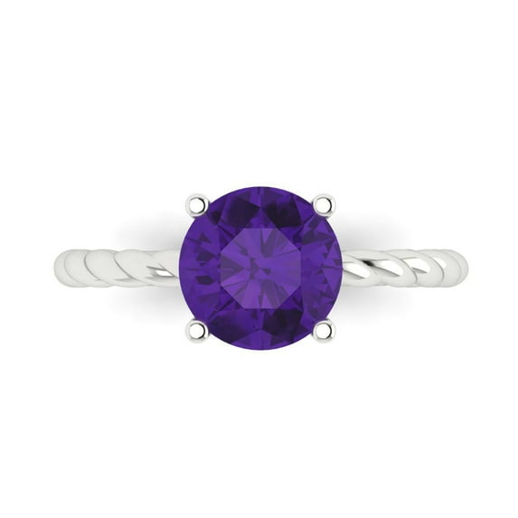 Clara Pucci 14K White Gold Solid Gold Amethyst Solitaire Anniversary Ring for Women - 2 cttw Round Cut